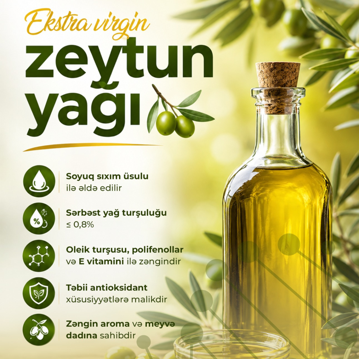 Orta temperaturda bişirmə üçün də istifadə oluna zeytun yağı.