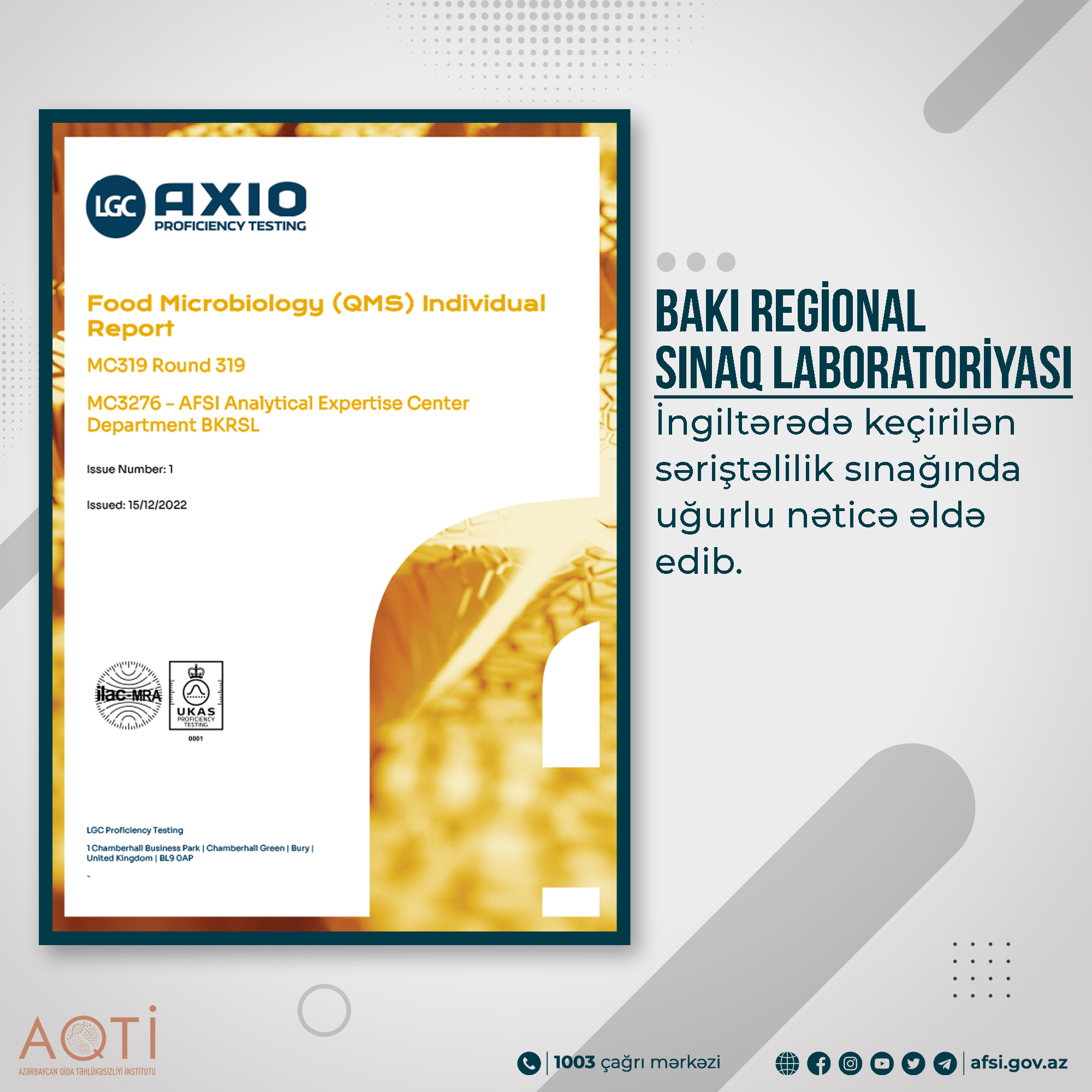 Bakı Regional Sınaq Laboratoriyası İngiltərədə keçirilən səriştəlilik sınağında uğurlu nəticə əldə edib